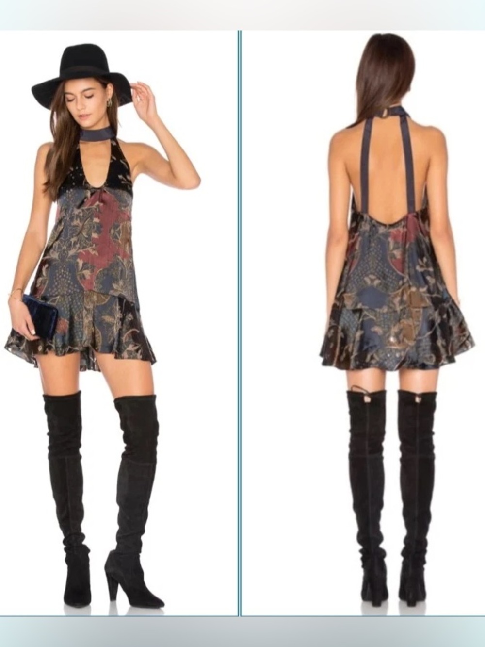 Free People Black Navy Floral Halter Mini Dress